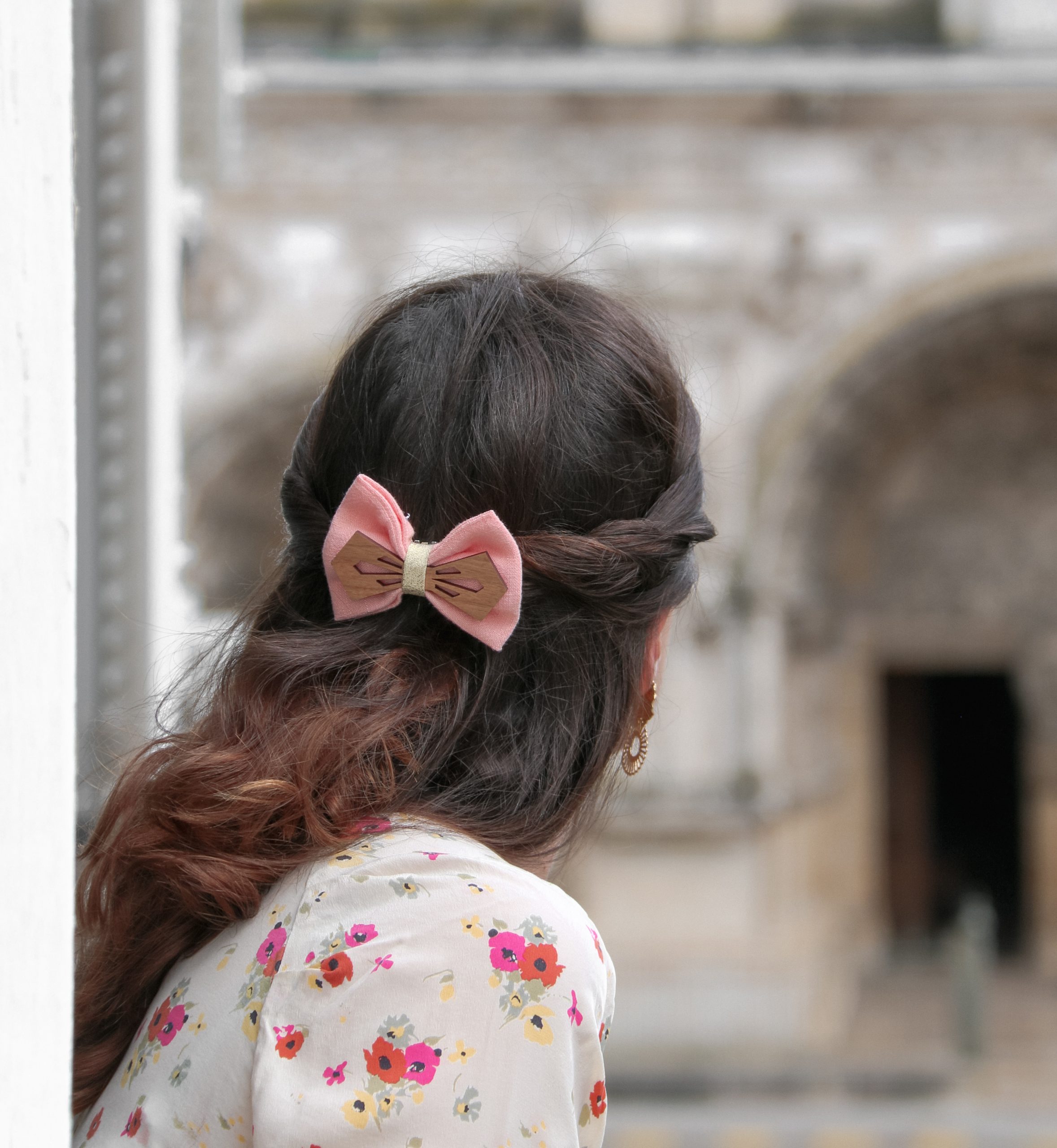Barrette en bois et tissu Pêche – Image 2